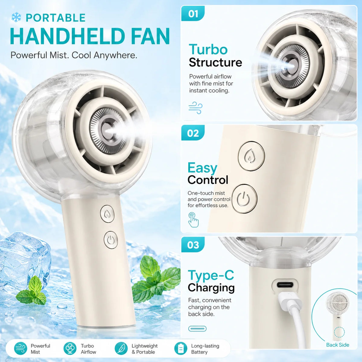 Portable Misting Handheld Fan With 6000mAh Rechargeable Battery