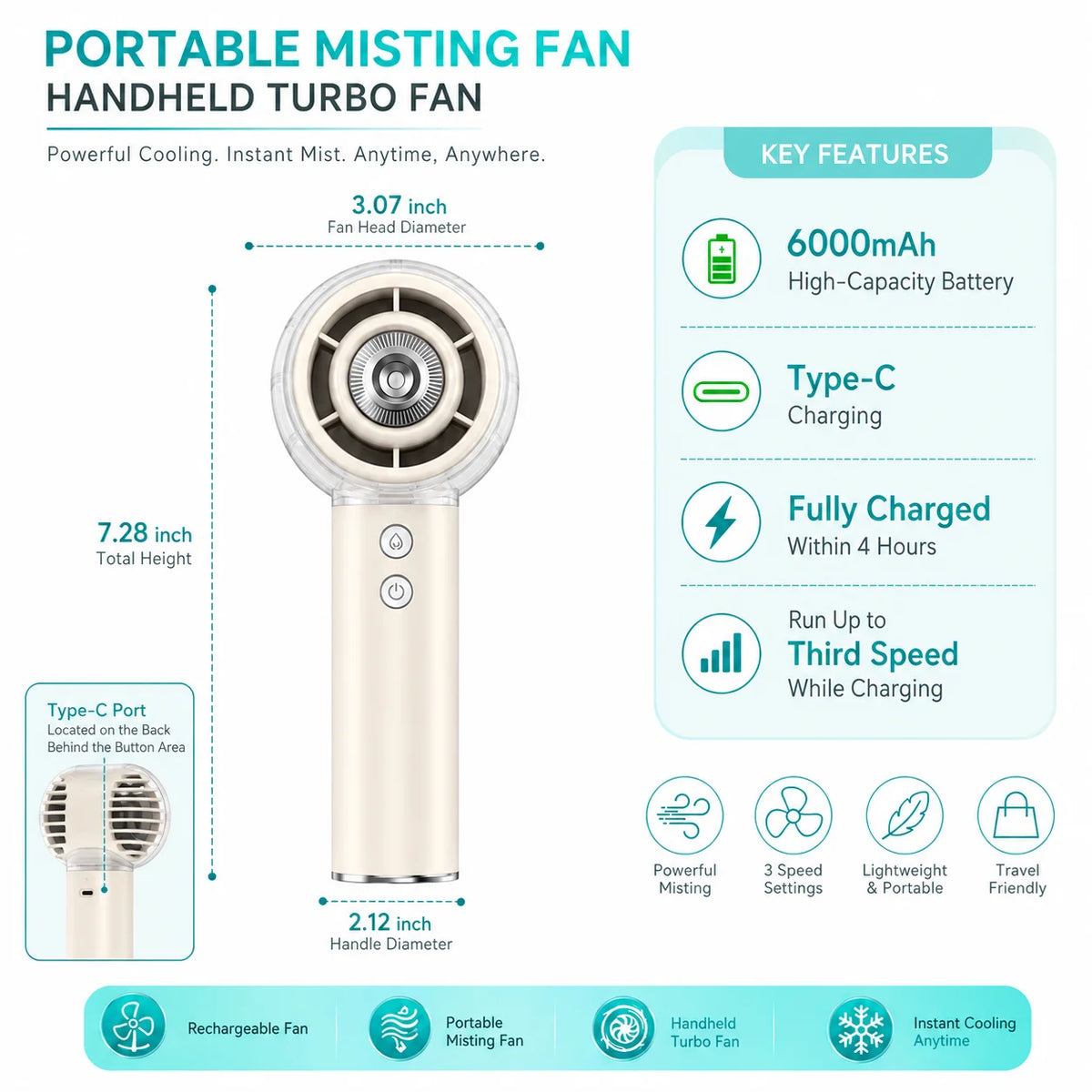Portable Misting Handheld Fan With 6000mAh Rechargeable Battery