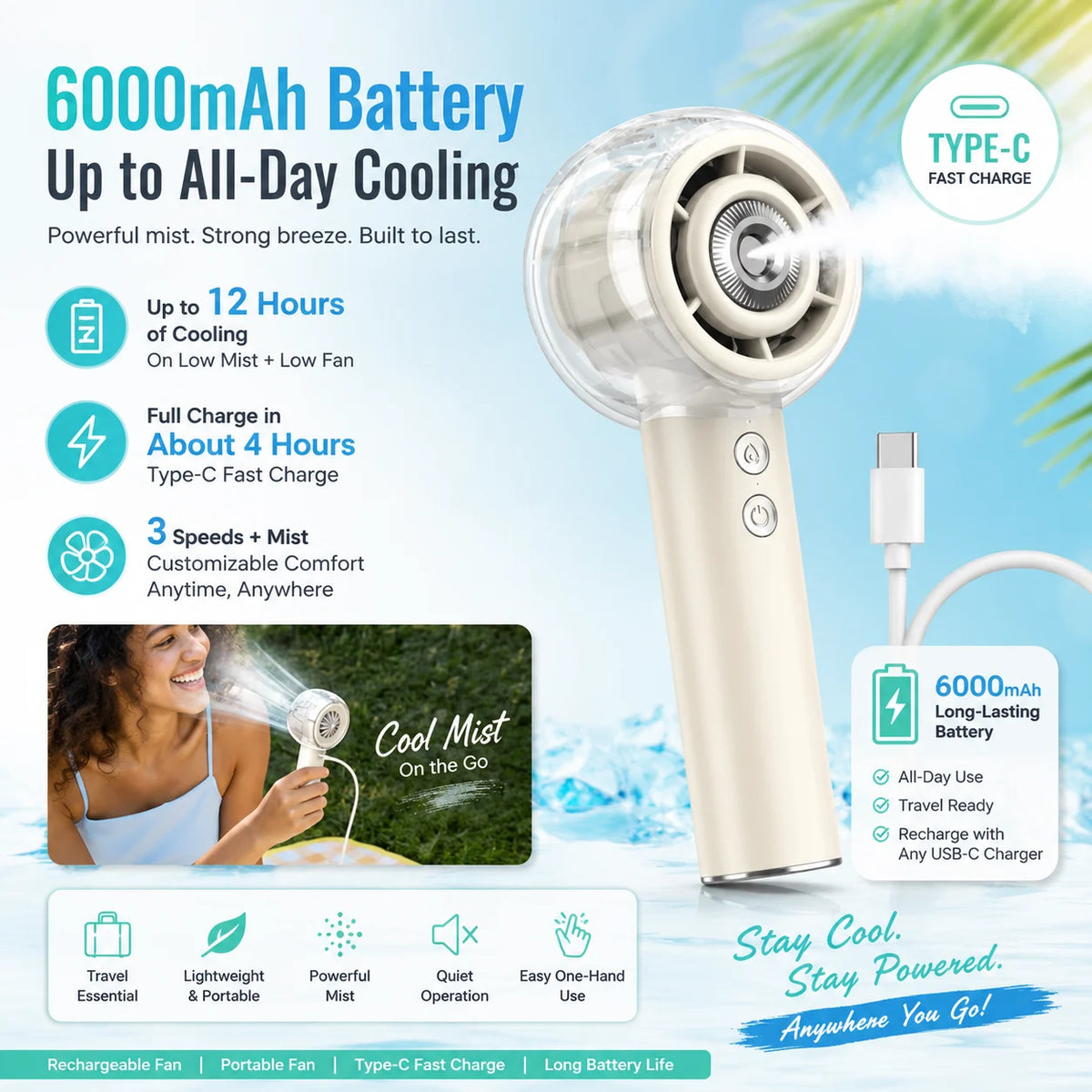 Portable Misting Handheld Fan With 6000mAh Rechargeable Battery