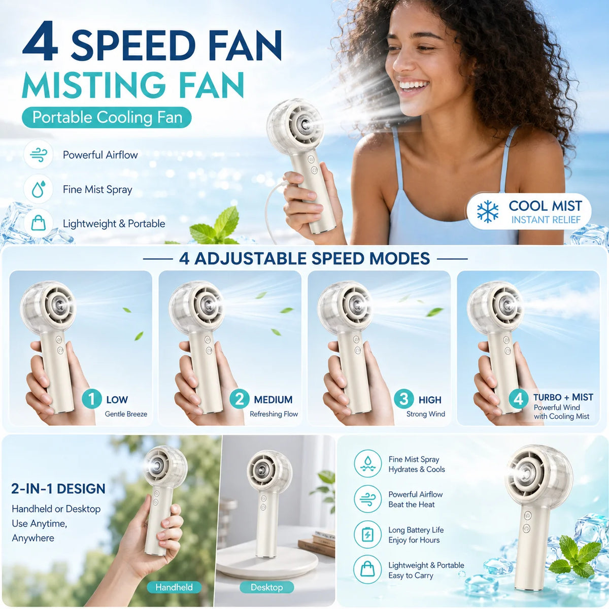 Portable Misting Handheld Fan With 6000mAh Rechargeable Battery