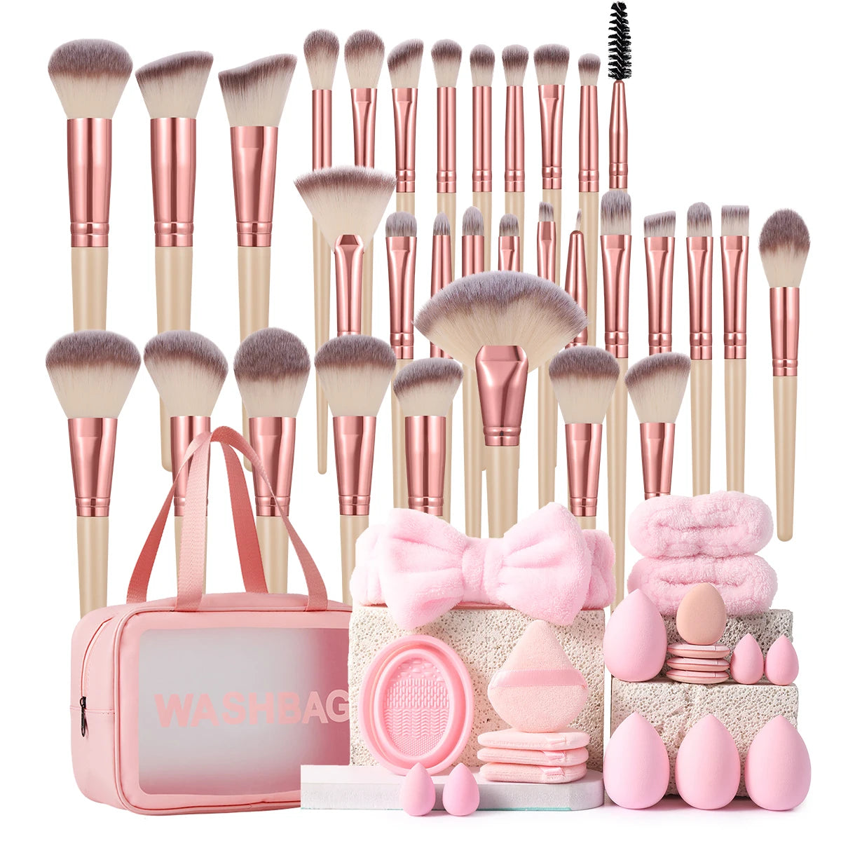 Complete Makeup Brush Set With Cosmetic Bag And Sponges