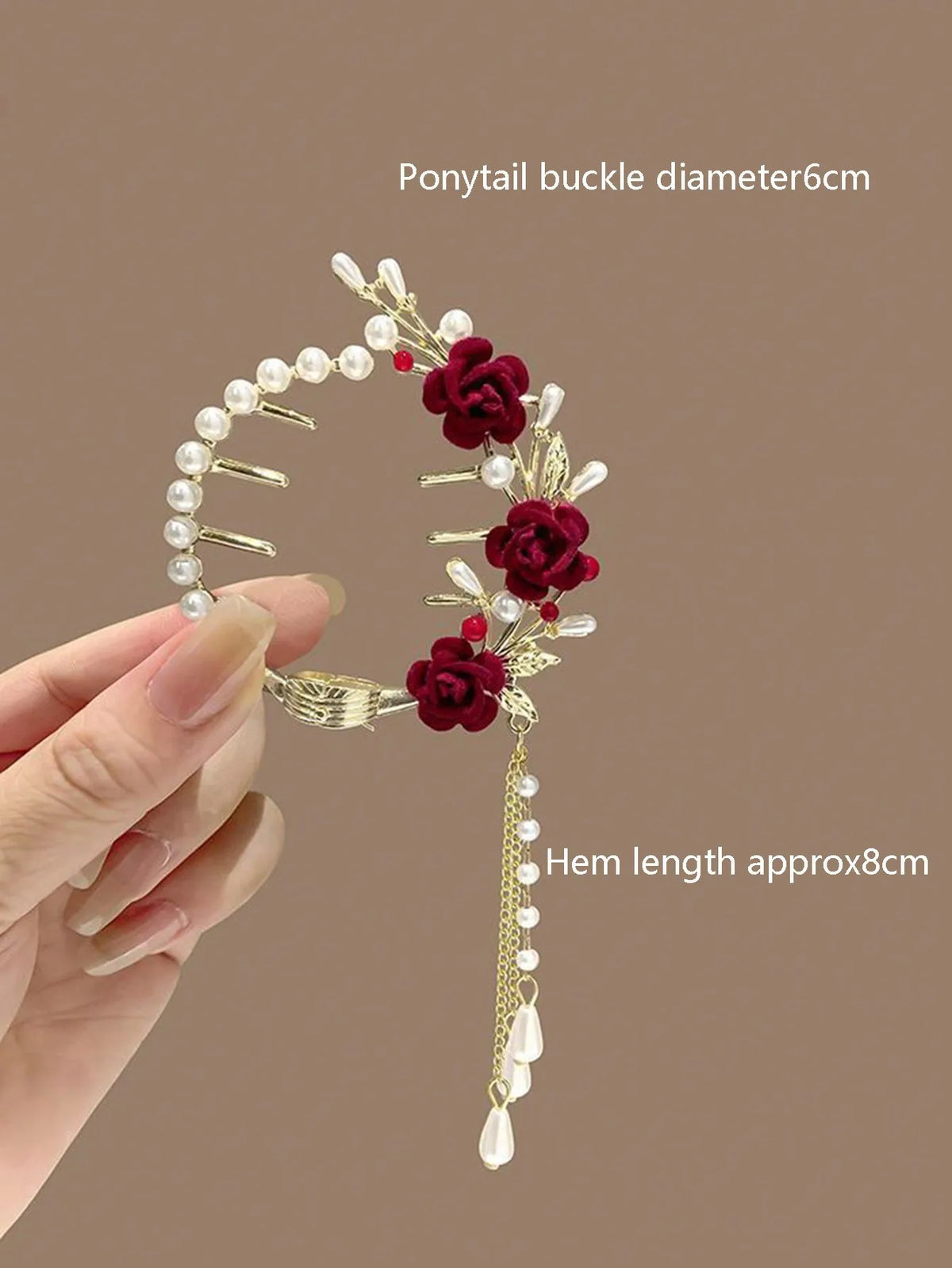 Women Flower Tassel Bun Holder Clip With Pearls Rhinestone