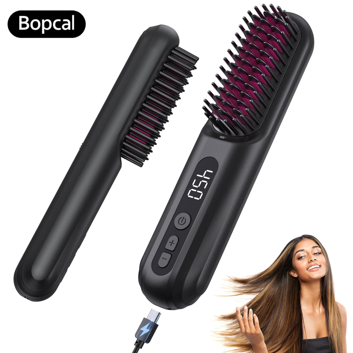 BOPCAL Cordless Ceramic Hair Straightener Brush With Led Display Ions
