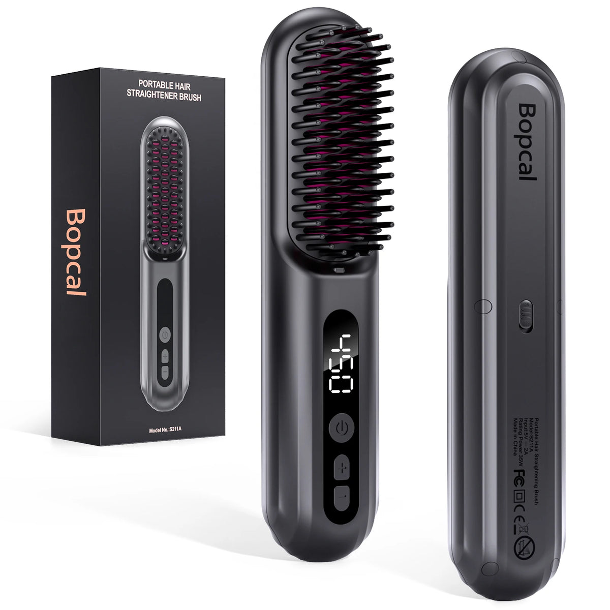 Bopcal Cordless Ceramic Hair Straightener Brush Featuring Led And Ions