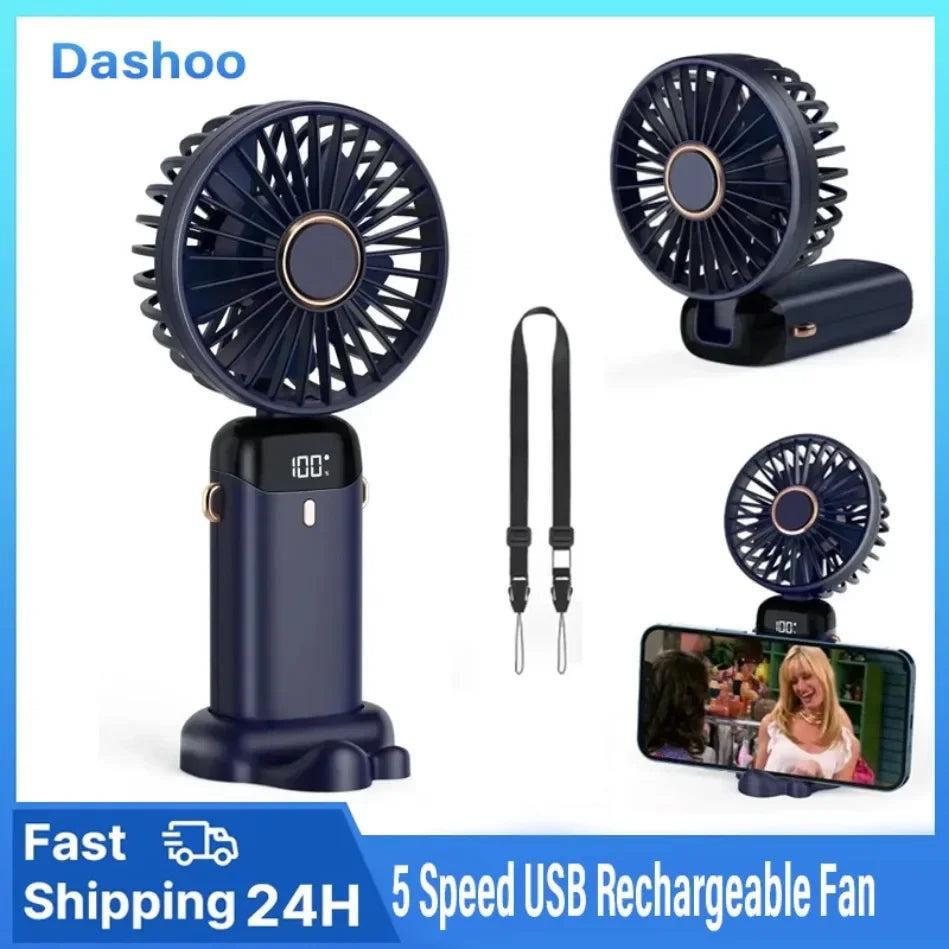 USB-C Rechargeable Folding Fan With LED Display Phone Stand