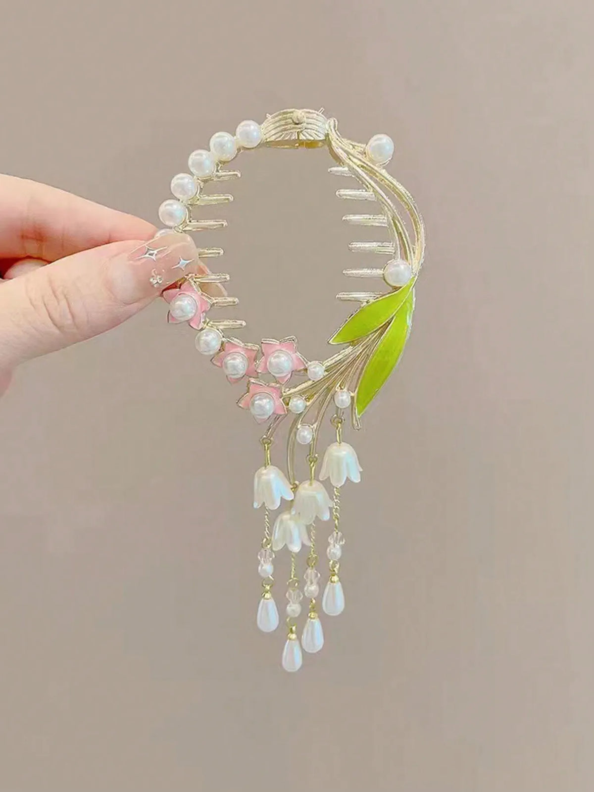 Women Flower Tassel Bun Holder Clip With Pearls Rhinestone