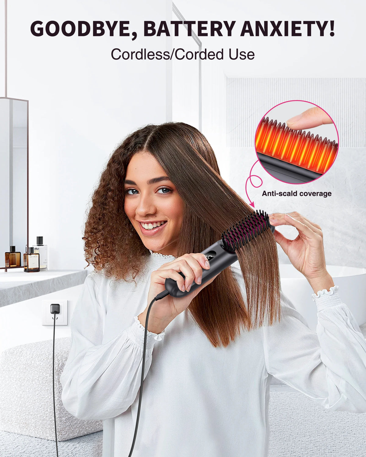 BOPCAL Cordless Ceramic Hair Straightener Brush With Led Display Ions