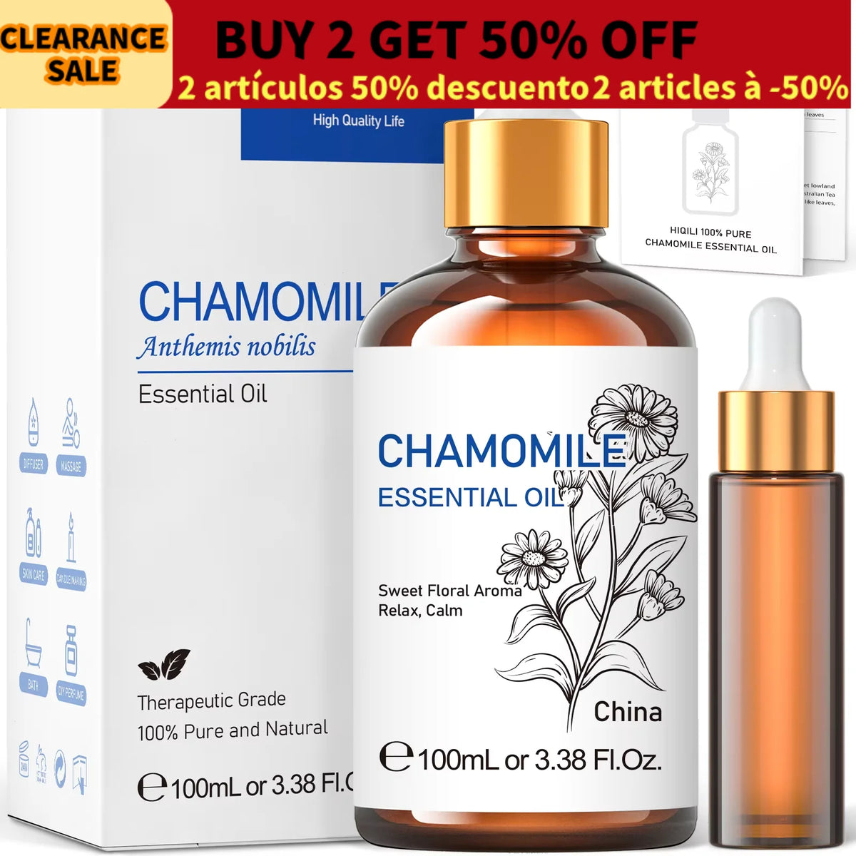 HIQILI Chamomile Essential Oil Pure Steam Distilled Aromatherapy