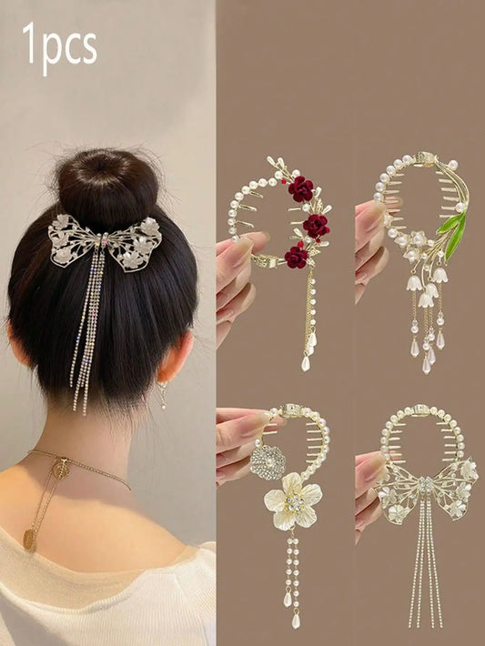 Tassel Bun Holder Clip With Flowers Pearls And Rhinestone