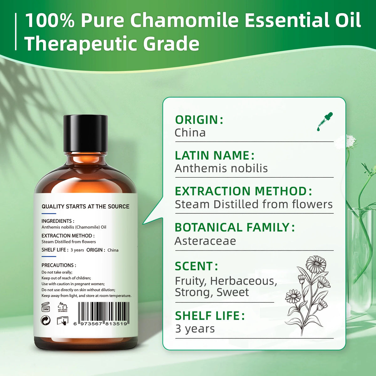 HIQILI Chamomile Essential Oil Pure Steam Distilled Aromatherapy