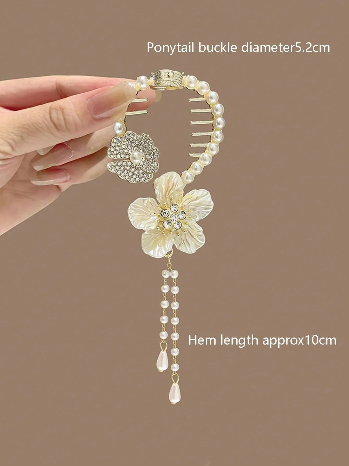 Tassel Bun Holder Clip With Flowers Pearls And Rhinestone