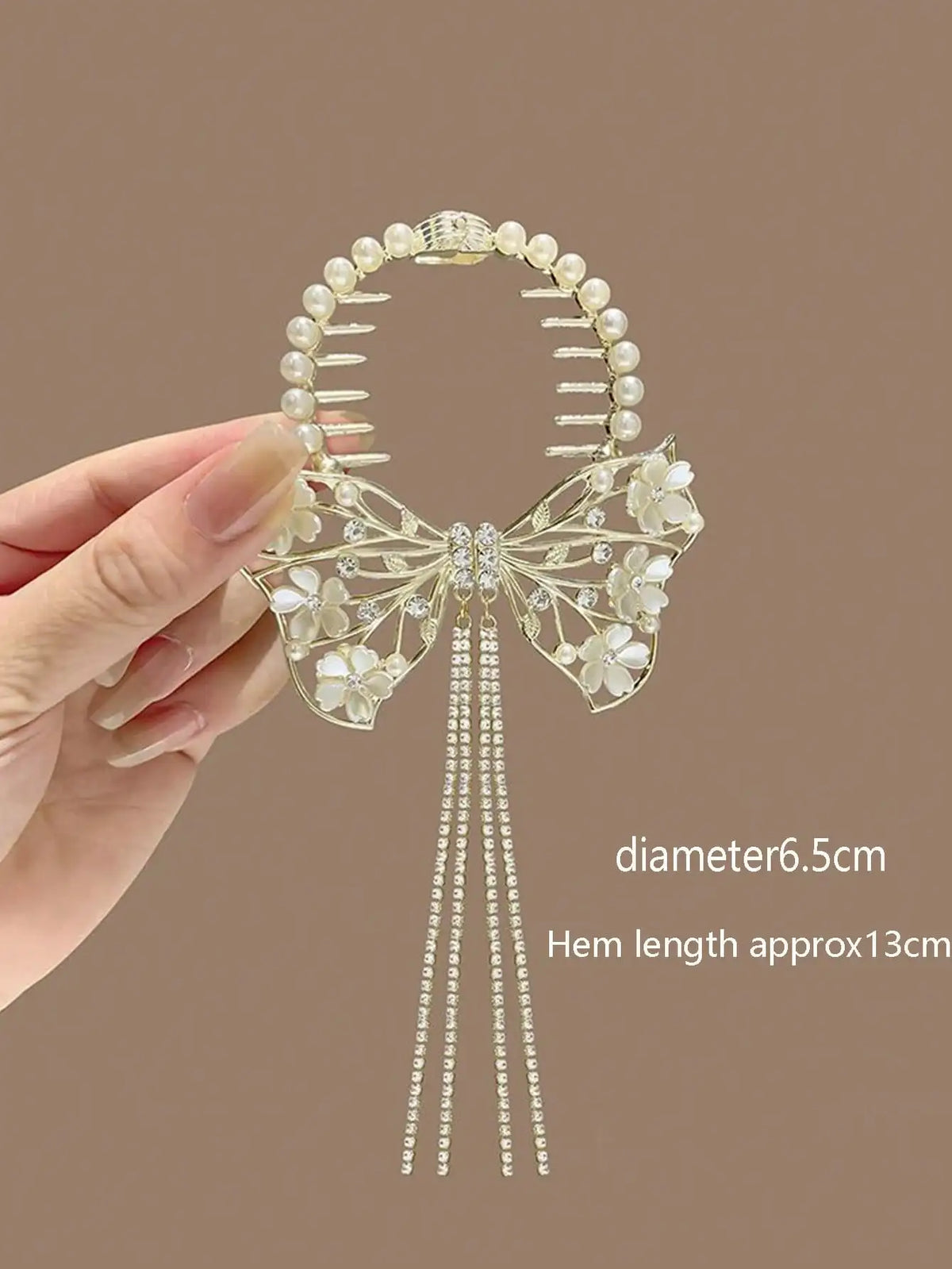 Women Flower Tassel Bun Holder Clip With Pearls Rhinestone